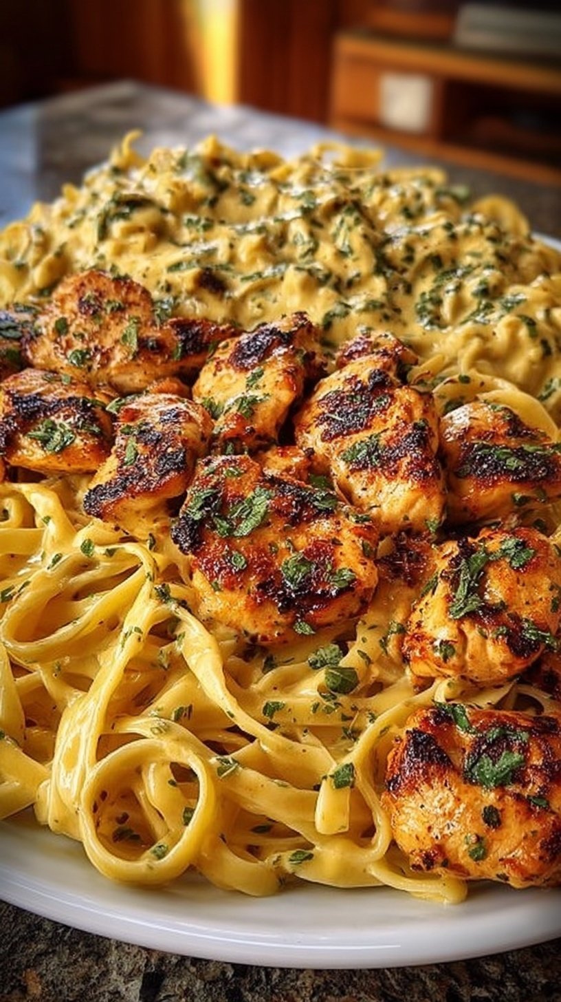 A white bowl filled with creamy Cajun chicken linguine topped with fresh parsley