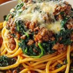 A steaming bowl of garlic butter spaghetti with browned Italian sausage, wilted spinach, and melted mozzarella cheese.