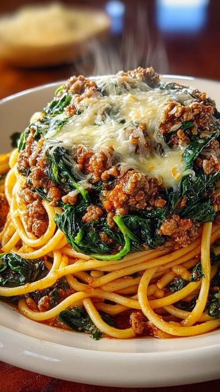 A steaming bowl of garlic butter spaghetti with browned Italian sausage, wilted spinach, and melted mozzarella cheese.