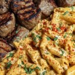 Sizzling Cajun steak tips served over creamy penne pasta with melted cheese and fresh parsley