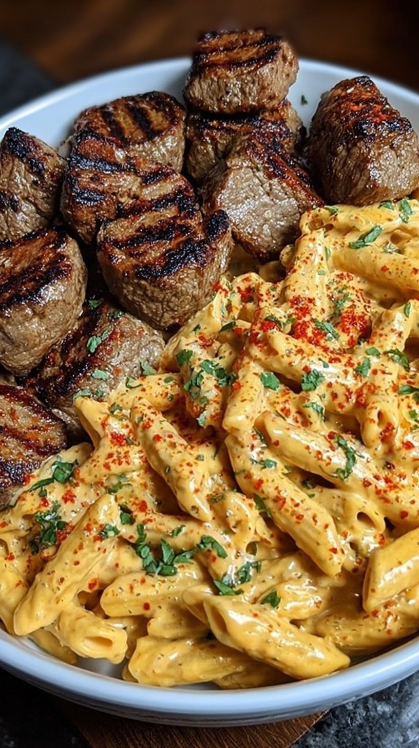 Sizzling Cajun steak tips served over creamy penne pasta with melted cheese and fresh parsley
