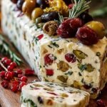 A festive cream cheese log coated in green parsley and pine nuts on a serving platter with crackers.
