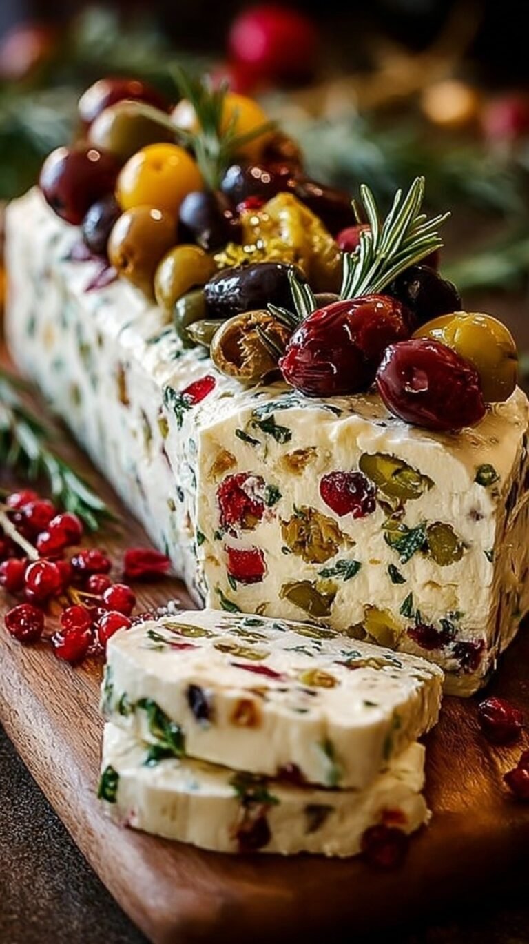 A festive cream cheese log coated in green parsley and pine nuts on a serving platter with crackers.