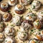 Sautéed cremini mushrooms in a thick, creamy garlic parmesan sauce garnished with fresh parsley in a skillet