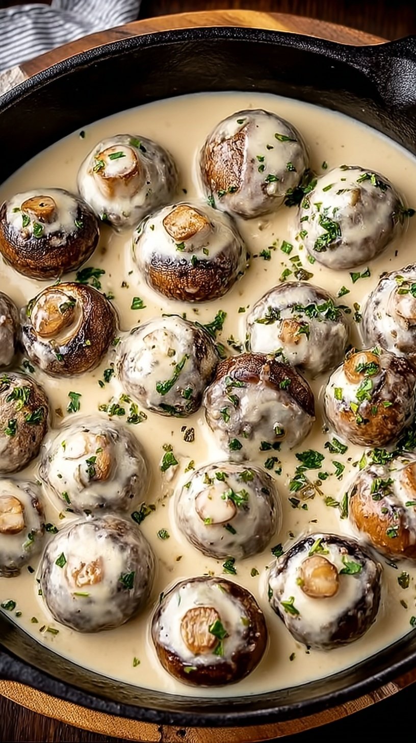 Sautéed cremini mushrooms in a thick, creamy garlic parmesan sauce garnished with fresh parsley in a skillet