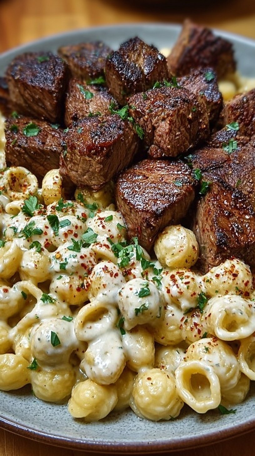 Seared garlic butter steak bites served over a bowl of creamy white cheddar shell pasta with chipotle sauce.