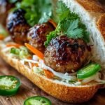 A crusty baguette filled with glazed Korean BBQ meatballs and pickled vegetables.