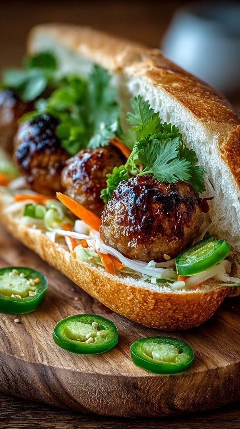 A crusty baguette filled with glazed Korean BBQ meatballs and pickled vegetables.