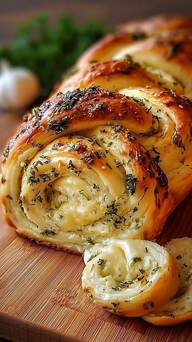 A golden brown loaf of swirled garlic herb and cheese bread on a wire rack
