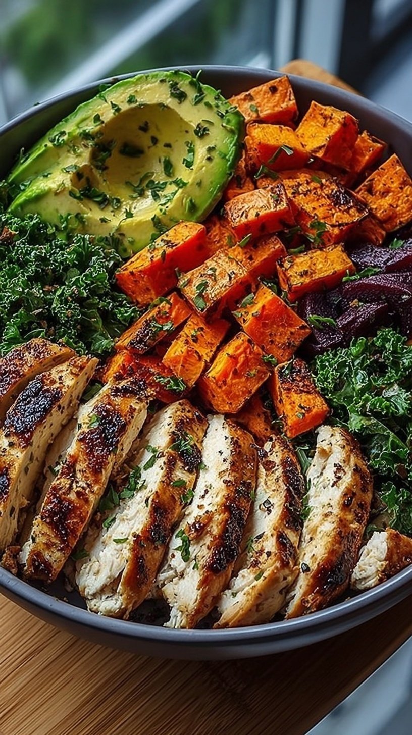 A colorful chicken sweet potato power bowl with grilled chicken, roasted sweet potatoes, quinoa, and avocado.