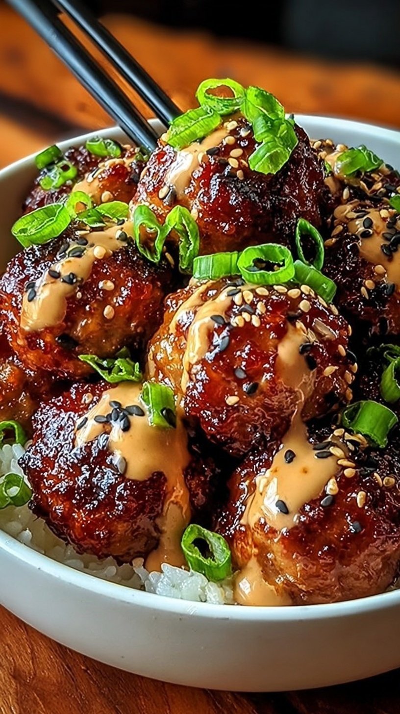A plate of glazed Korean BBQ meatballs topped with scallions and sesame seeds