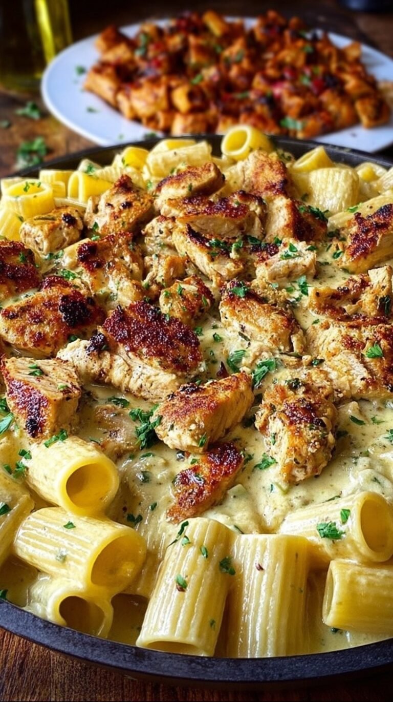 A bowl of rigatoni pasta with Cajun chicken and creamy alfredo sauce topped with parsley