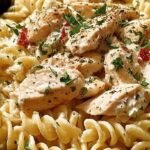 A bowl of creamy rotini pasta with chicken, bacon, and parsley