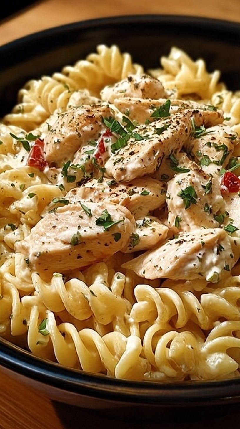 A bowl of creamy rotini pasta with chicken, bacon, and parsley