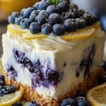 A layered no-bake lemon cream cake with blueberry swirls and fresh blueberries on top.