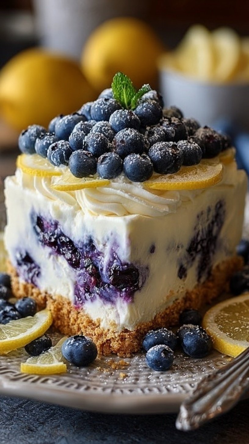 A layered no-bake lemon cream cake with blueberry swirls and fresh blueberries on top.