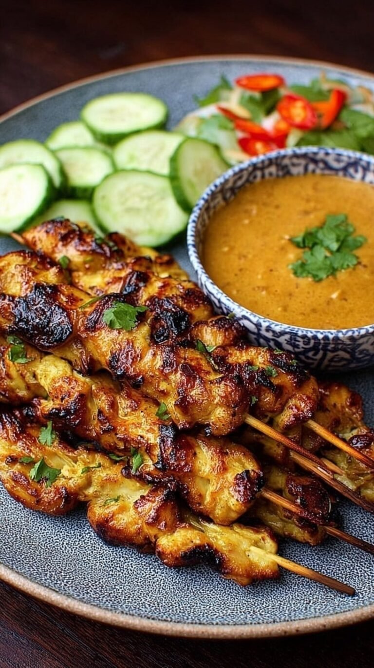 Grilled chicken skewers with a side of creamy peanut dipping sauce and lime wedges.