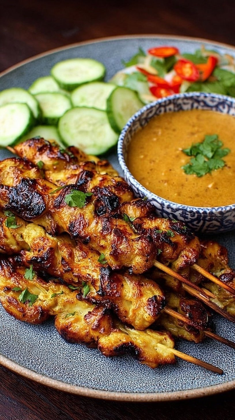 Grilled chicken skewers with a side of creamy peanut dipping sauce and lime wedges.