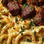 A bowl of creamy Cajun Garlic Butter Linguine topped with seared beef strips and fresh parsley