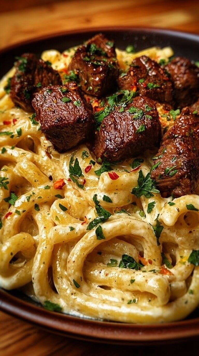A bowl of creamy Cajun Garlic Butter Linguine topped with seared beef strips and fresh parsley