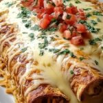 A baking dish filled with golden, cheesy Queso Chicken Enchiladas topped with white sauce and green chiles.