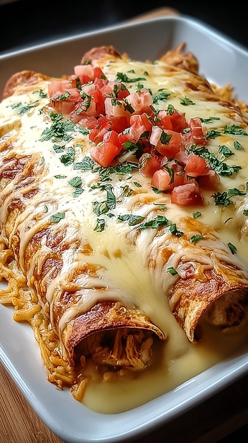 A baking dish filled with golden, cheesy Queso Chicken Enchiladas topped with white sauce and green chiles.