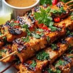 Grilled Bang Bang Chicken Skewers on a platter with green onions and sesame seeds