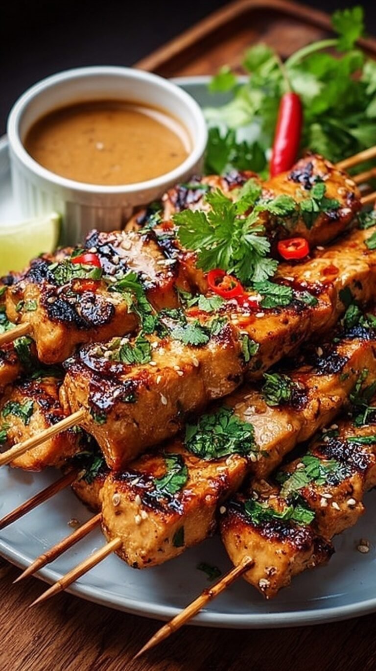 Grilled Bang Bang Chicken Skewers on a platter with green onions and sesame seeds