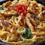 A large pot of creamy linguine with chicken, spinach, and red pepper flakes garnished with parsley.