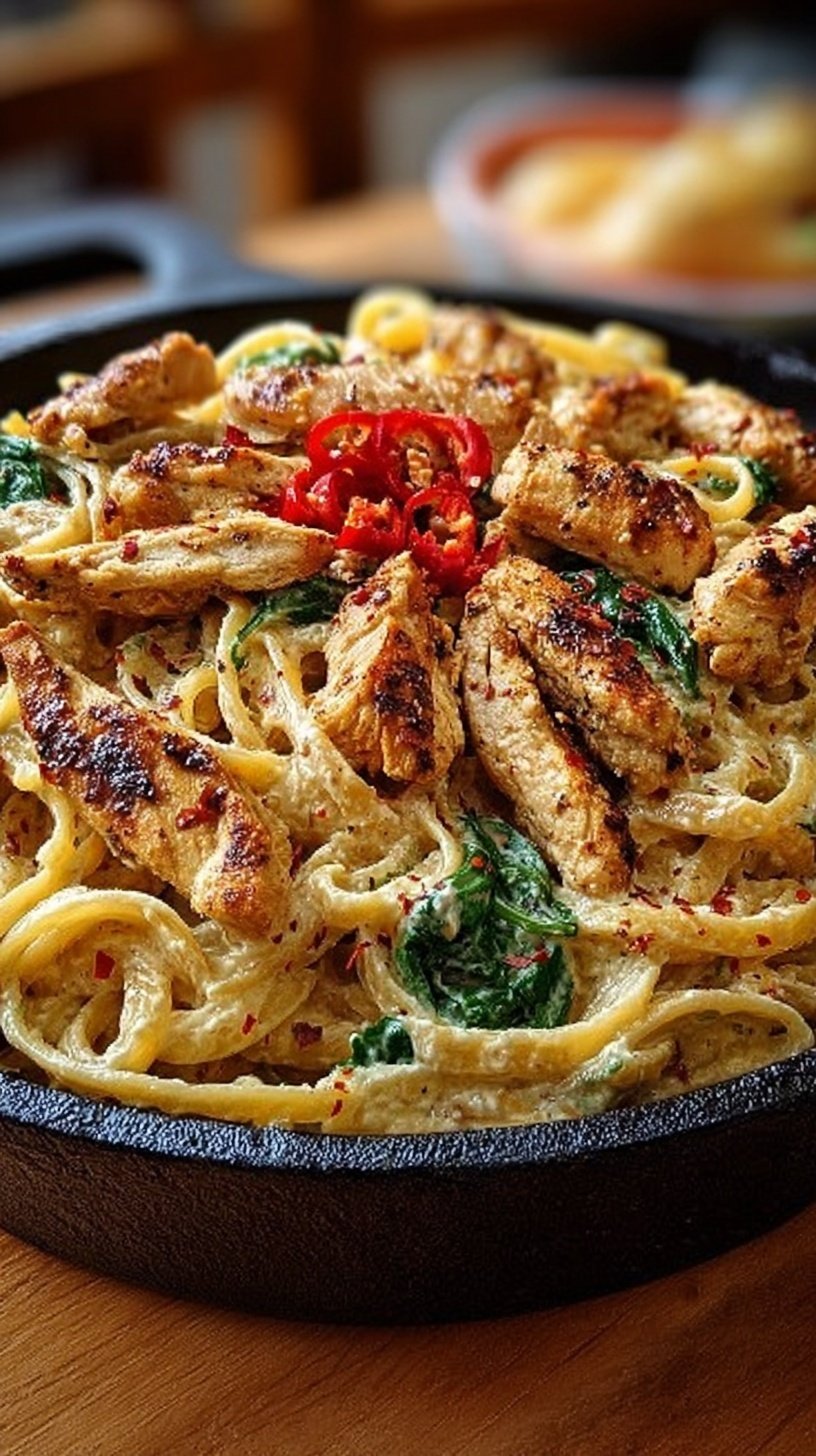 A large pot of creamy linguine with chicken, spinach, and red pepper flakes garnished with parsley.