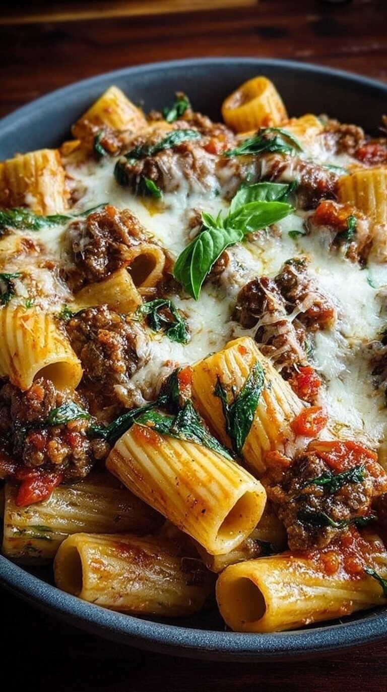 A skillet of cheesy beef rigatoni with melted mozzarella and fresh parsley