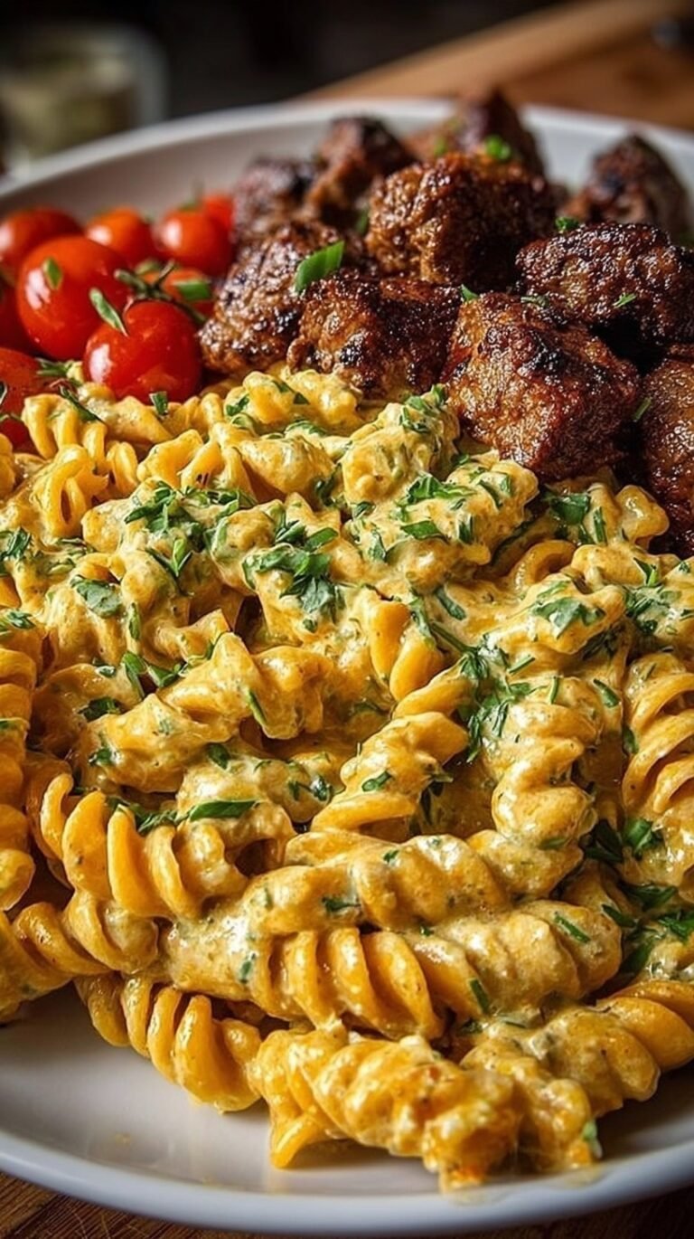 A large skillet filled with creamy Cajun beef and rotini pasta topped with fresh parsley.