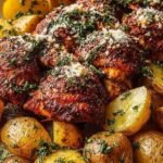 Oven roasted Cajun chicken thighs and golden potato wedges on a sheet pan topped with melted parmesan and fresh parsley.