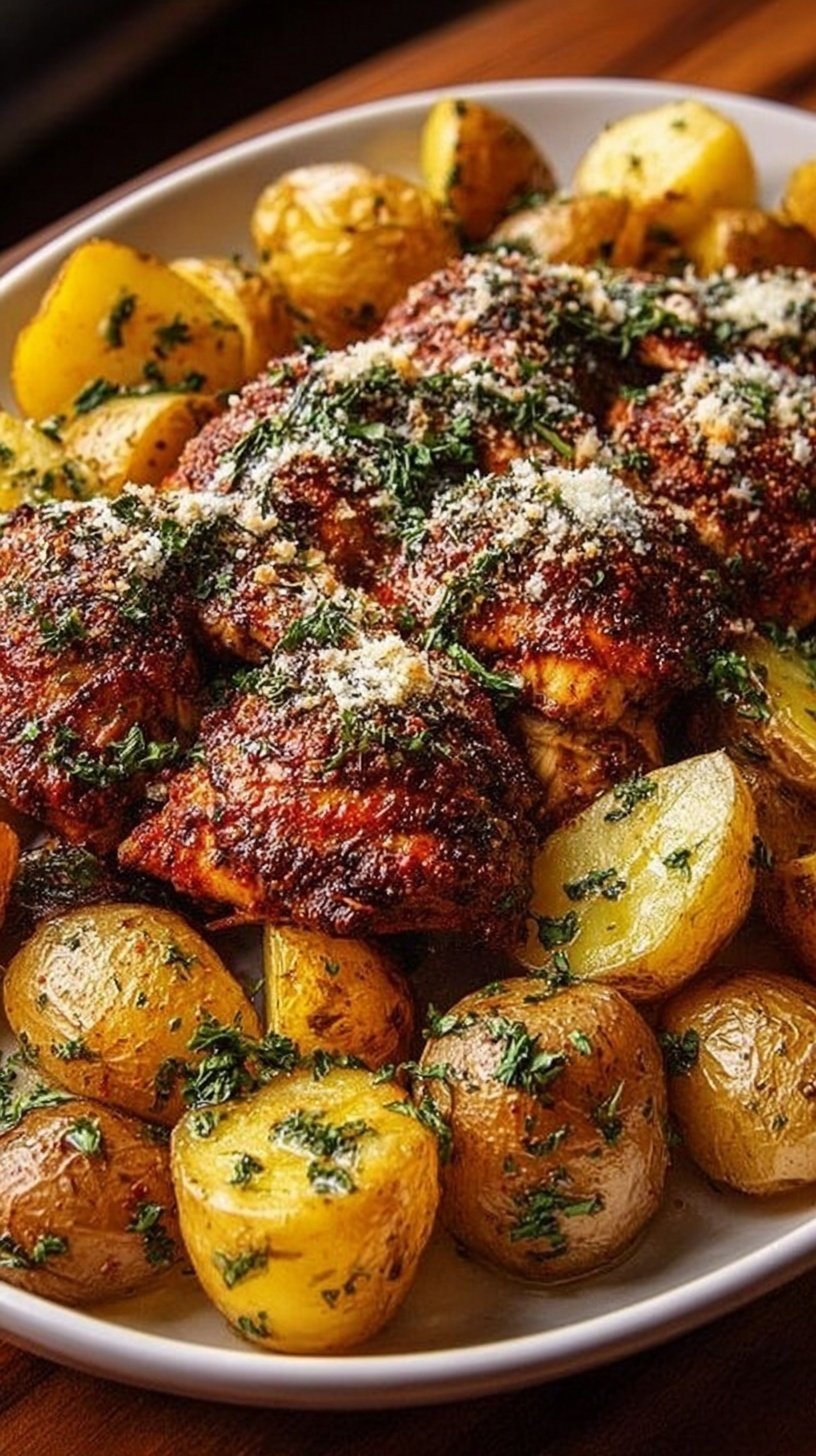 Oven roasted Cajun chicken thighs and golden potato wedges on a sheet pan topped with melted parmesan and fresh parsley.