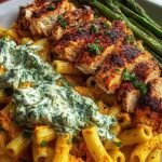 A bowl of Greek chicken pasta with creamy harissa sauce and roasted asparagus
