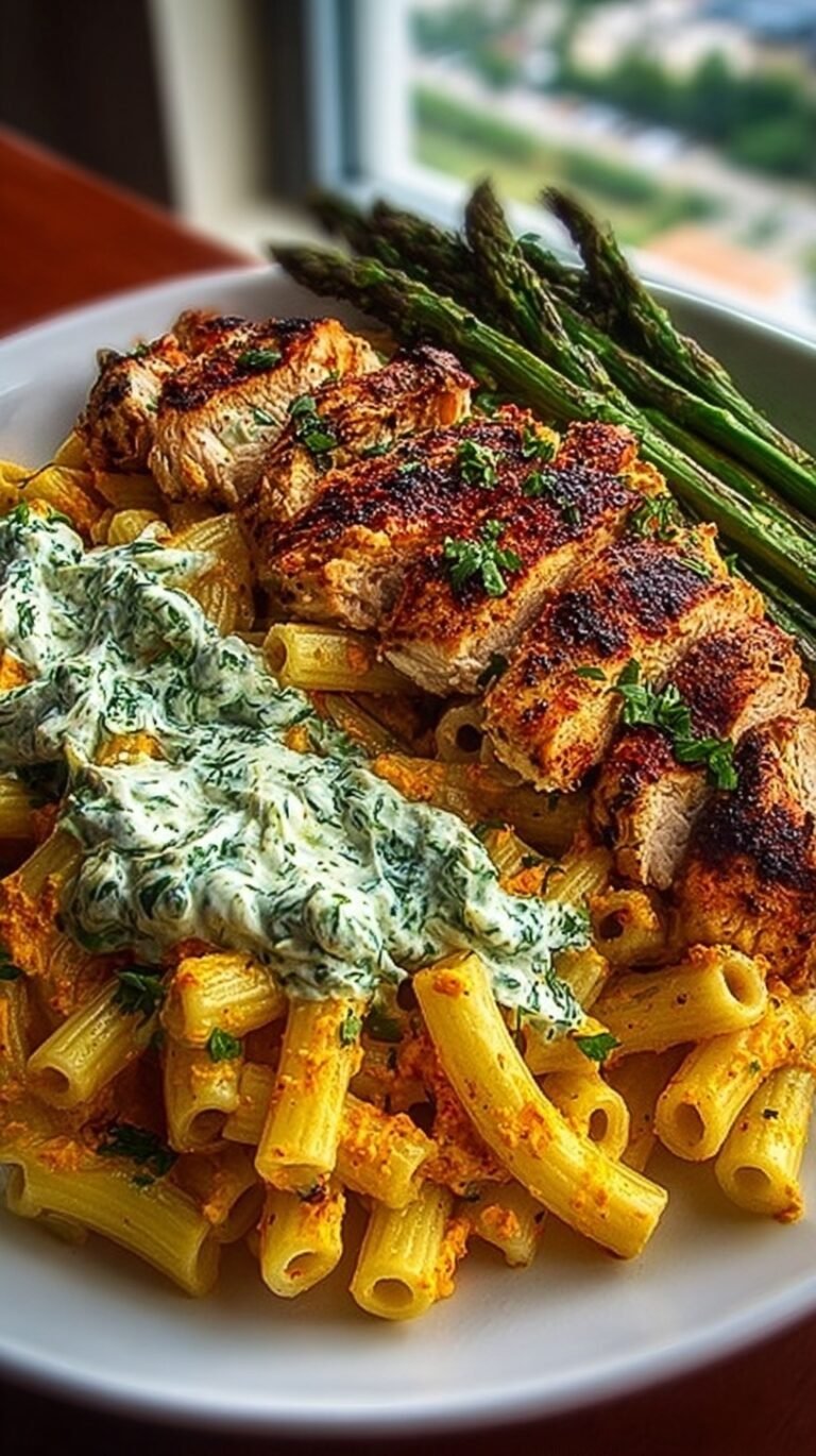 A bowl of Greek chicken pasta with creamy harissa sauce and roasted asparagus