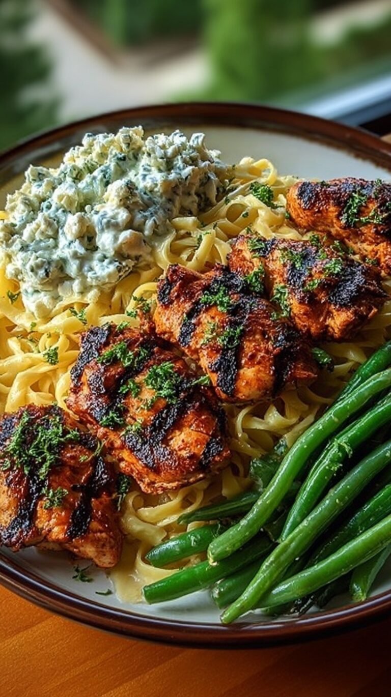 A plate of creamy fettuccine alfredo topped with smoky chicken strips, charred green beans, and a dollop of white feta cream.