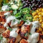 A vibrant chipotle chicken bowl with black beans, corn, avocado, and creamy sauce over white rice.