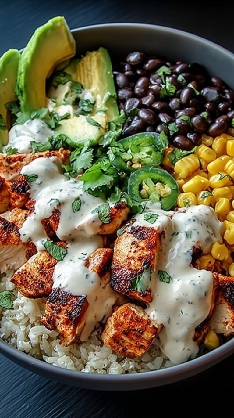 A vibrant chipotle chicken bowl with black beans, corn, avocado, and creamy sauce over white rice.