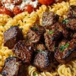 A skillet filled with seared steak bites and cheesy garlic butter egg noodles garnished with fresh parsley
