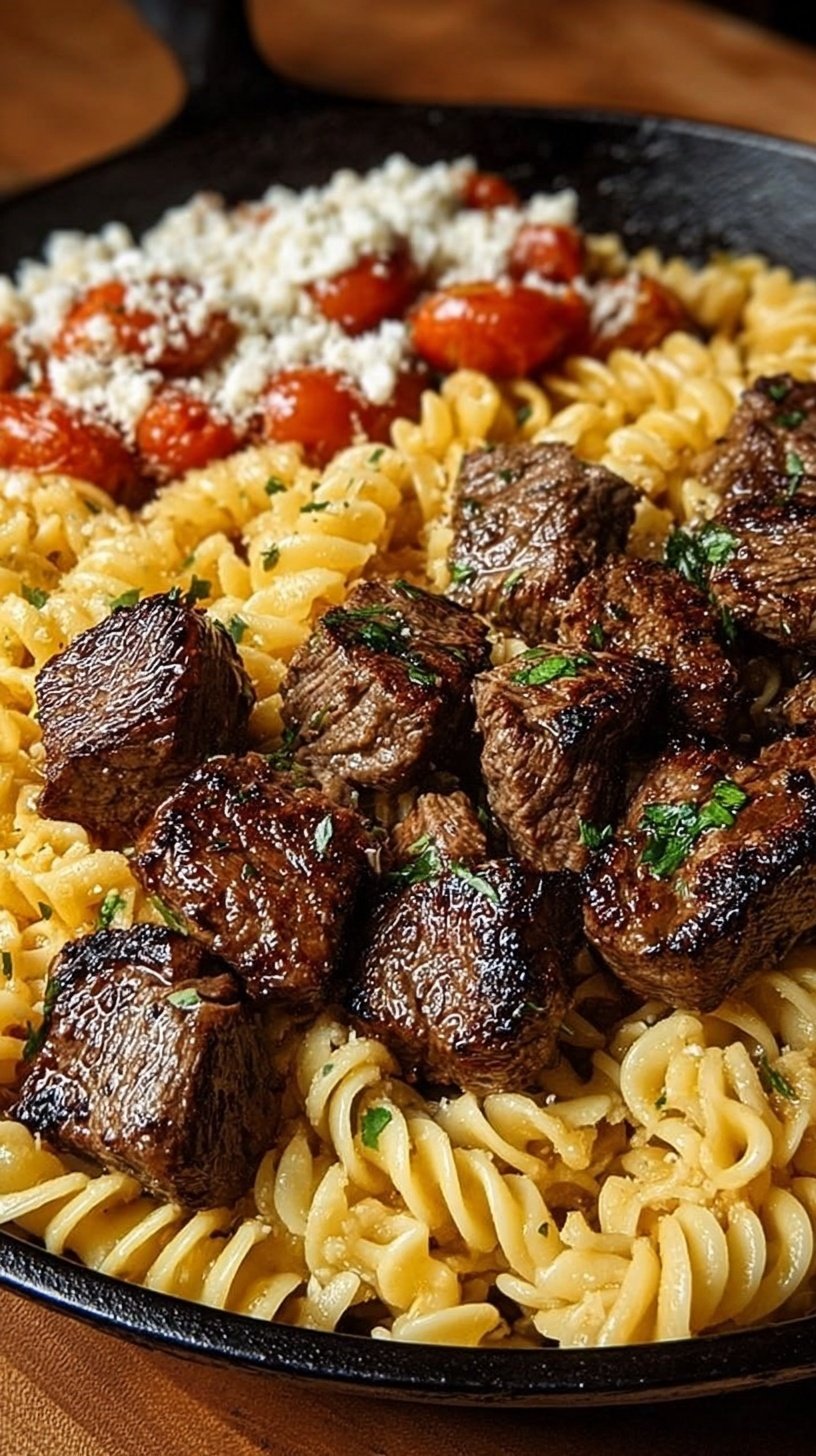 A skillet filled with seared steak bites and cheesy garlic butter egg noodles garnished with fresh parsley