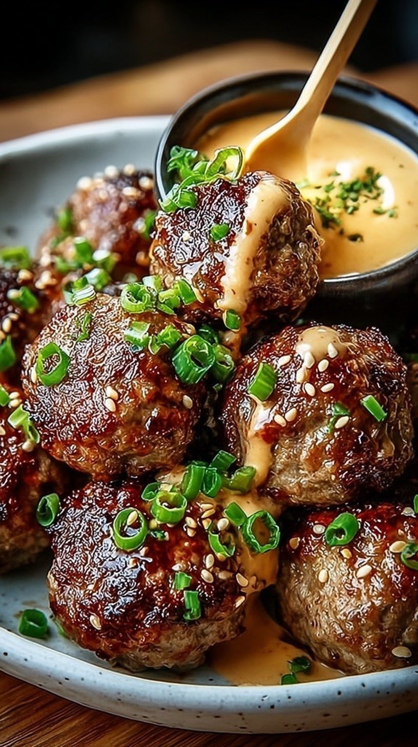 A platter of glazed Korean BBQ meatballs with sesame seeds and a side of spicy mayo dip.