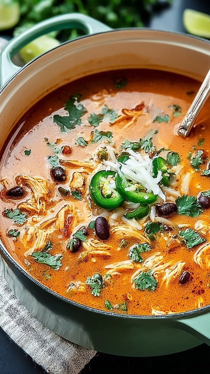 A bowl of creamy orange chicken enchilada soup topped with shredded cheese and black beans.
