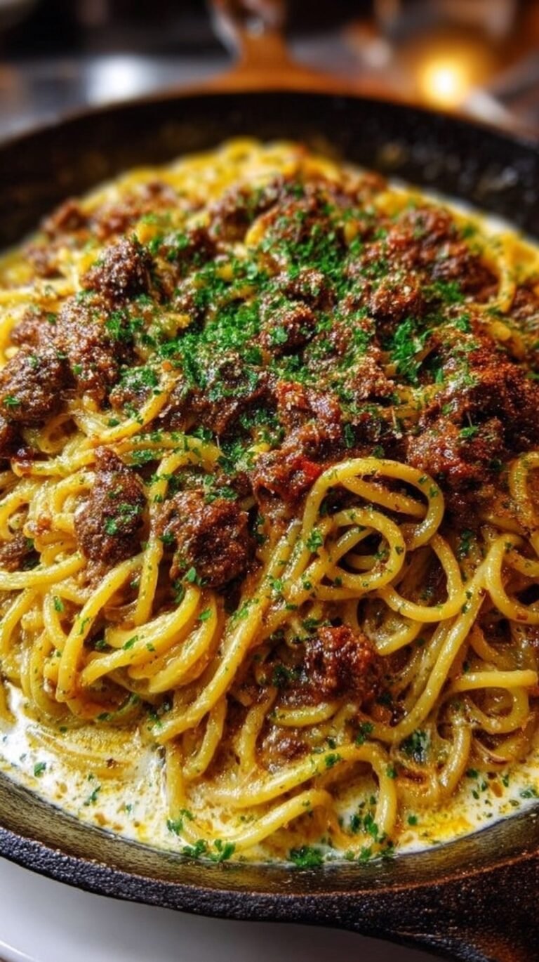 A bowl of creamy Cajun beef spaghetti topped with fresh parsley and melted cheese