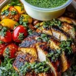 A colorful grilled chicken bowl with green chimichurri sauce and white garlic drizzle over fluffy rice.