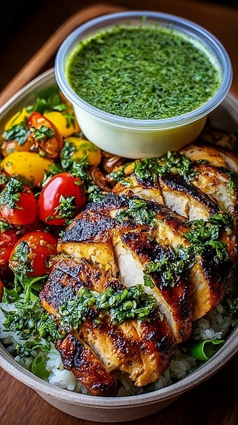 A colorful grilled chicken bowl with green chimichurri sauce and white garlic drizzle over fluffy rice.