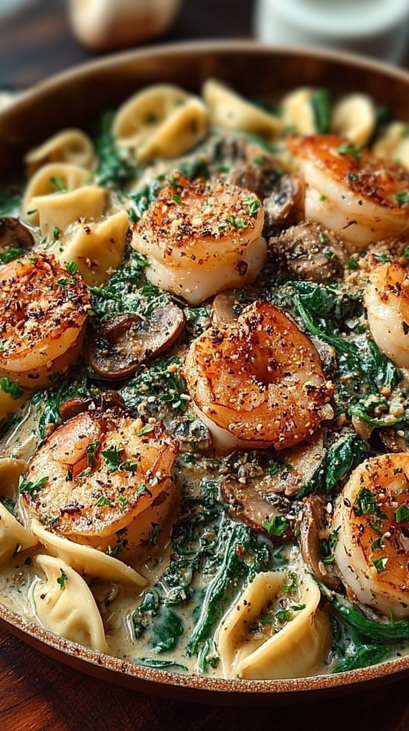 A skillet filled with large pasta shells, tender shrimp, and mushrooms in a white cream sauce with green spinach.
