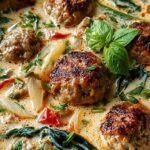 A white bowl filled with creamy meatball soup, small pasta, and green spinach.