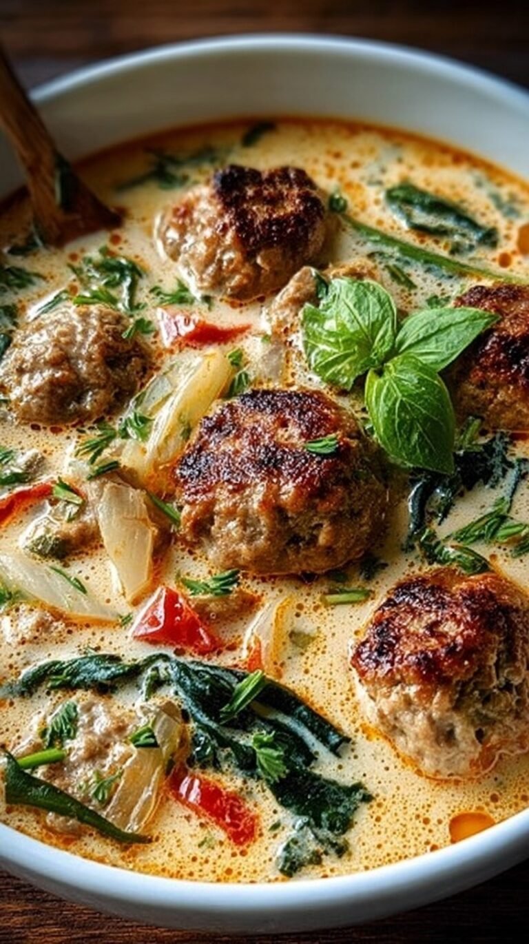 A white bowl filled with creamy meatball soup, small pasta, and green spinach.