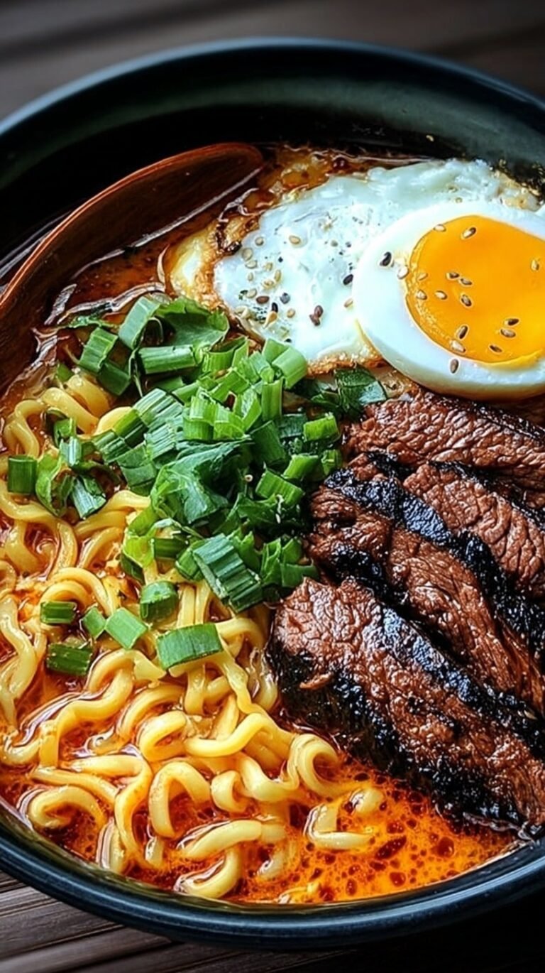 A bowl of creamy spicy Korean ramen topped with grilled beef, green onions, and a soft-boiled egg.